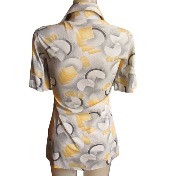 Small Disco Top Vintage 70's Abstract Print Blouse Mom Collar Groovy Geometric - Picture 3 of 4